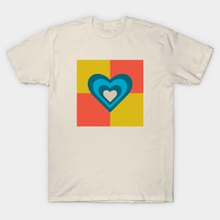 LOVE HEARTS CHECKERBOARD Retro Alt Valentines in Teal Blue Cream on Orange Yellow Geometric Grid - UnBlink Studio by Jackie Tahara T-Shirt